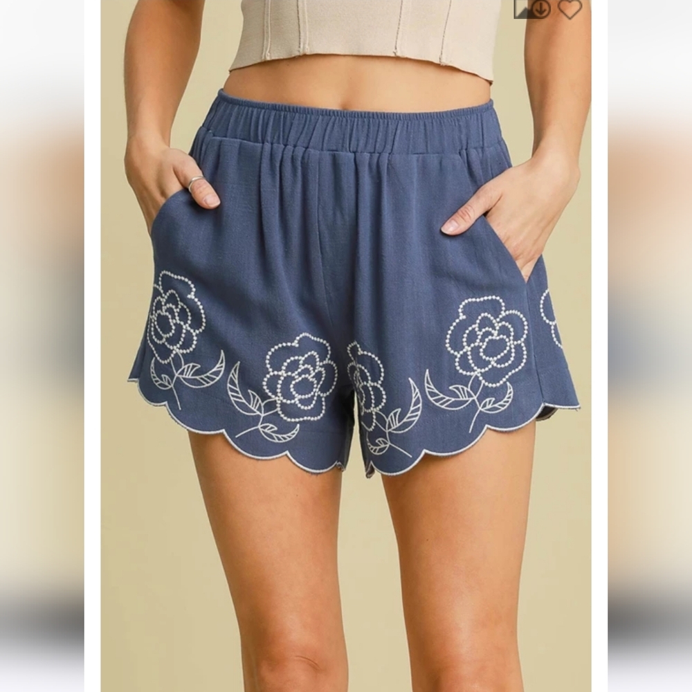 🌺 Umgee Linen Blend Shorts with Floral Embroidered Details Sm-lg
